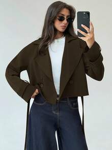 Aloruh 女士休闲通勤纯色短款风衣秋冬女装 - 咖啡棕 - 查看 6