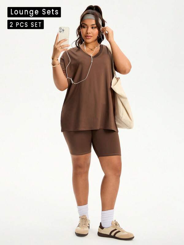 Rhythm Era Rhythm Era Plus Size Women's Deep Brown 2-Piece Athletic Lounge Set - Oversized V-Neck Relaxed Top & High-Waisted Bike Shorts, Breathable Four-Way Stretch Fabric For Home Leisure, Gym, Casual Daily Wear