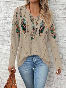 EMERY ROSE Plus Size Women's V-Neck Long Sleeve Loose T-Shirt With Gold Feather Print, Music FestivalIn Fall/Winter - Multicolor - View 3