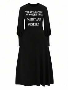 SHEIN Clasi 加大码灯笼袖标语印花连衣裙女装 - 黑色 - 查看 1