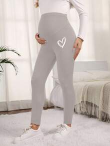 SHEIN 孕妇纯色高腰弹力修身休闲紧身裤 - 淺灰色 - 查看 3