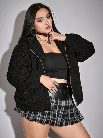 Grunge Punk Veste zippée en fausse fourrure de lapin à oreilles punk foncé, grande taille