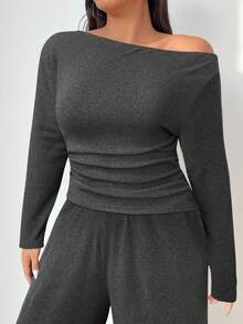 Solflare 2pcs/Set Plus Size Women's Fitted Gray Long Sleeve T-Shirt And Pants Knit Suit Winter - Grey - View 7