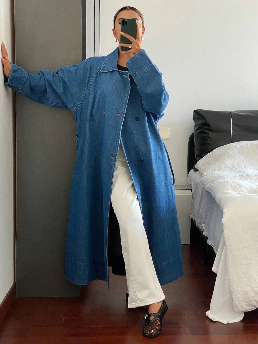 DAZY Women's Long Denim Jacket With Lapel, Autumn - Blue - View 1