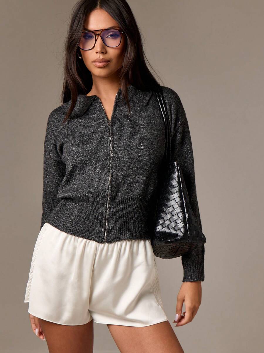 AiiRZ Women Knitted Zip Through Cardigan Cropped Waist Length Long Sleeve Winter Fall Sweater With Stand Collar Fashion Outerwear - Grey - View 1