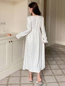 DAZY 女士甜美碎花3D蝴蝶结荷叶边领睡裙，秋季睡衣，冬季 - 米色 - 查看 2