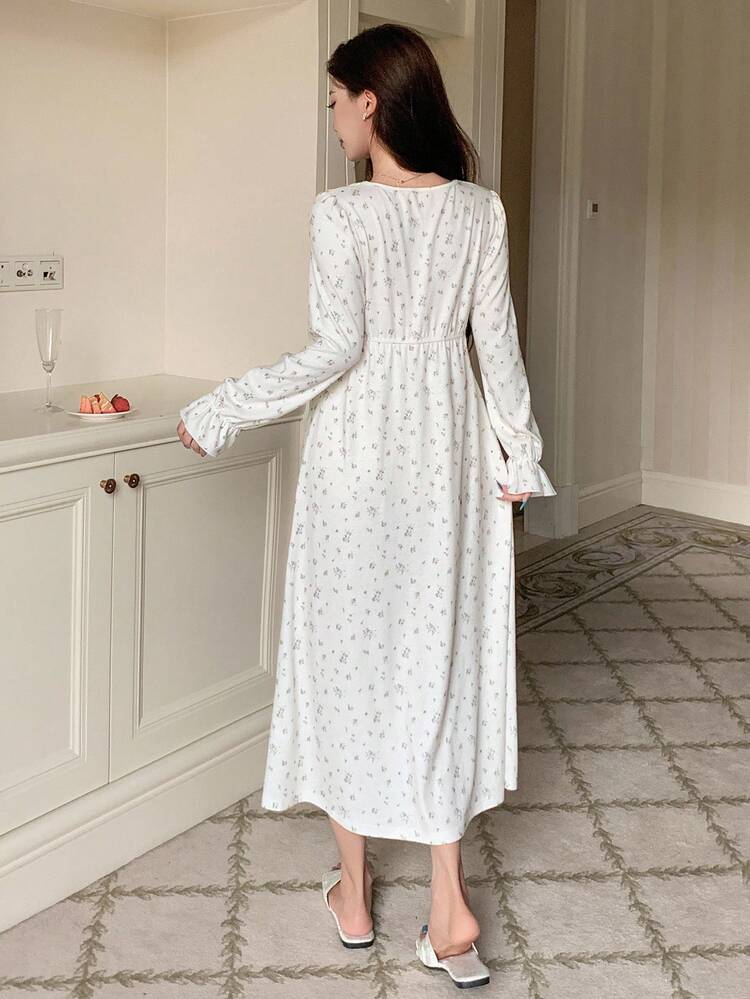 Women's Sweet Ditsy Floral 3D Bow Ruffle Collar Nightgown, Fall Pajama, Winter