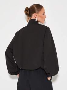 KIZN 女式风衣夹克轻便全拉链运动夹克立领运动外套棕色条纹细节秋季春季时尚休闲街头风格运动时尚 - 黑色 - 查看 2