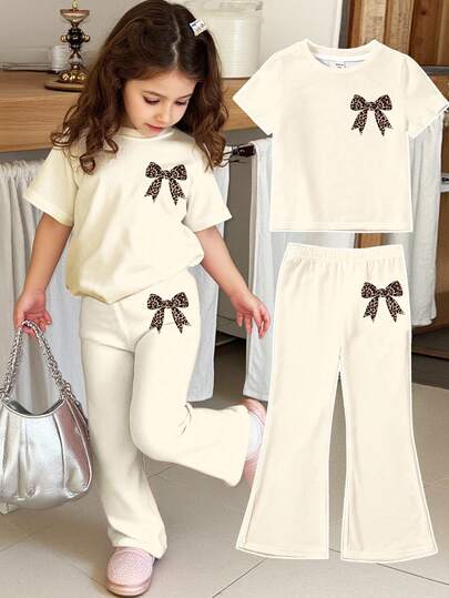 SHEIN 年轻女孩蝴蝶结印花圆领短袖T恤和松紧腰喇叭裤套装