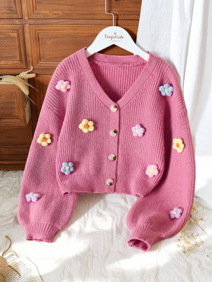 SHEIN Vintaside Kids 女孩手工花卉针织开衫，女童V领长袖可爱优雅粉色开襟毛衣 - 粉色 - 查看 1