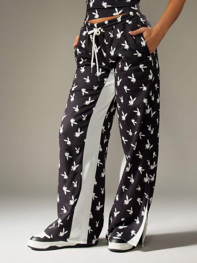 Missguided x Playboy Bunny Print Wide Leg Sweatpants With Drawstring Waistband For Casual Loungewear
