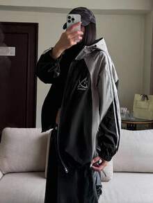 DAZY 女士前拉链长袖纯色和字母印花拼布连帽夹克，女士春秋休闲抽绳、口袋、拉链插肩袖连帽宽松多色拼色、字母、条纹女士夹克，休闲日常穿着 - 彩色 - 查看 8