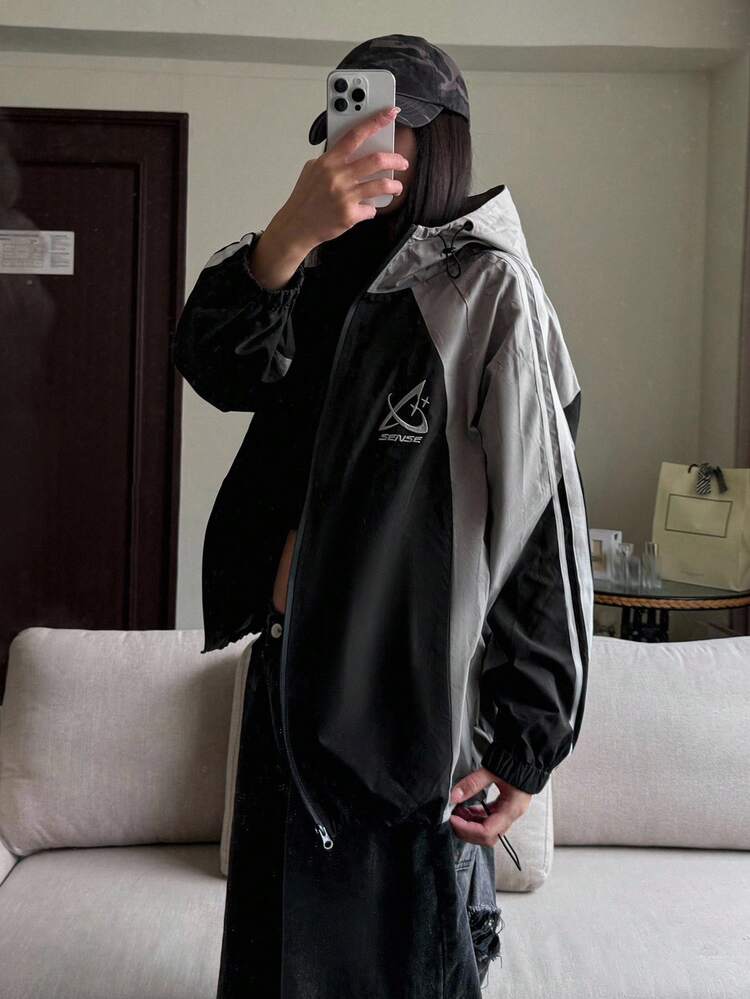 Women's Zip-Front Long Sleeve Solid Color & Letter Print Patchwork Hooded Jacket,Ladies Spring/Fall Casual Drawstring,Pocket,Zipper Raglan Sleeve Hooded Loose Multicolor Colorblock,Letter,Striped Women Jackets,Casual Daily Wear