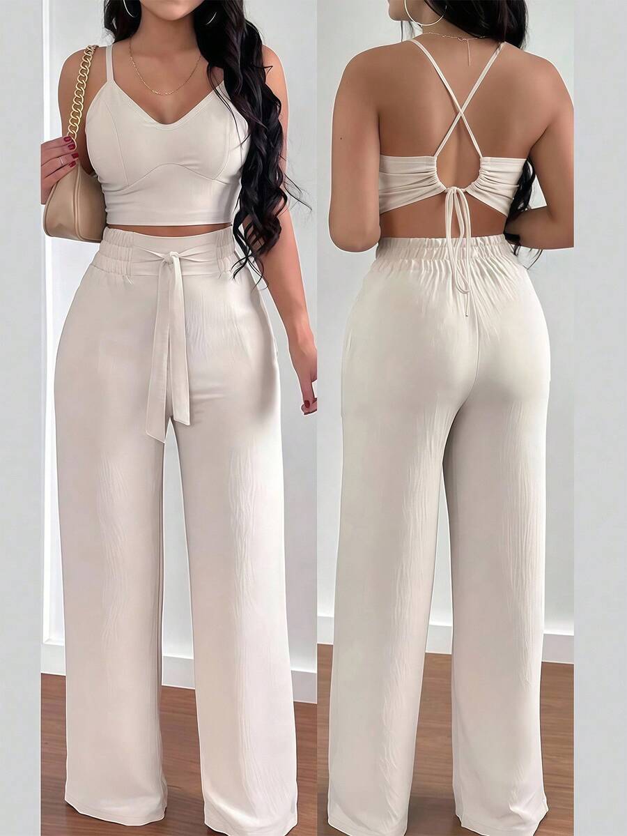 INAWLY 两件套：露背细肩带连体裤和直筒裤，休闲海滩度假装 - 杏色 - 查看 1