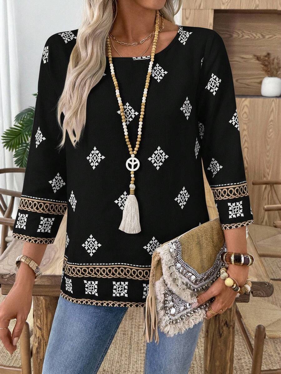 EMERY ROSE Áo cánh rộng in họa tiết phong cách du lịch thoải mái dành cho nữ, mùa xuân/thu - màu đen - Xem 1