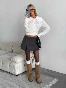 SHEIN EZwear Collared Solid Color Button Front Fitted Cropped Long Sleeve  Cute Knit Cardigan Sweater,Fall Clothes For Women,Back To School Clothes - White - View 6