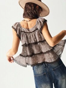 Bohemela 女式休闲波西米亚复古拼色碎花荷叶边多层方领衬衫，适合夏季和秋季 - 棕色 - 查看 4