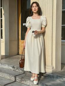 SHEIN Elegant Pink Dress For Teen Girls, Square Neck Bow Decor Ruffle Puff Sleeve, Ruffle Waist Dress - Apricot - View 1