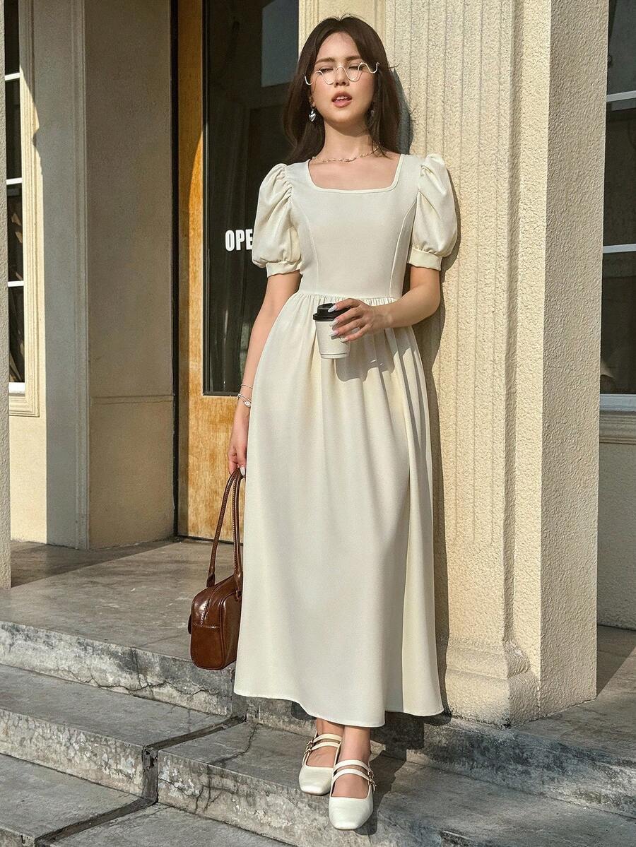 SHEIN Elegant Pink Dress For Teen Girls, Square Neck Bow Decor Ruffle Puff Sleeve, Ruffle Waist Dress - Apricot - View 1