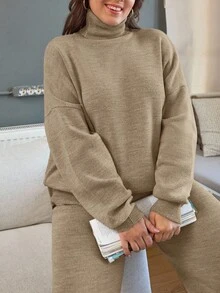 EURMUSE Plus Size Solid Color Turtleneck Sweater And Knit Pants Set, Casual For Autumn/Winter Two Piece Set Women Comfy - Coral Pink - View 5