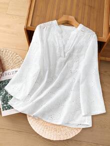 Rusticease Women's V-Neck Long Sleeve Embroidered Hollow Pocket Design Loose Casual Shirt White White Blouse Winter Clothes For Women Thanksgiving Outfit For Women,White Top