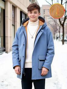 SHEIN 男童休闲保暖连帽中长款加厚梭织派克大衣，适合上学、花园、海滩、生日、春、夏、秋、冬等各种场合，也适合返校季穿着。男童冬季外套，男童蓝色外套，儿童秋季冬季夹克 - 藍色 - 查看 5