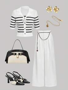 SHEIN MOD 女款白色阔腿裤腰链装饰秋冬复古西装裤 - 白色 - 查看 1