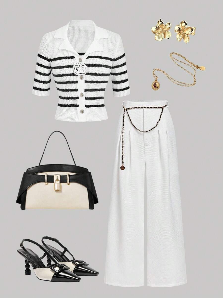 SHEIN MOD 女款白色阔腿裤腰链装饰秋冬复古西装裤 - 白色 - 查看 1