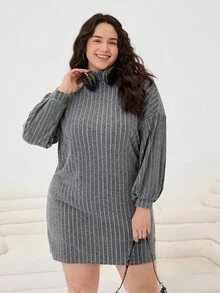 Solflare Plus Size Women Striped Turtleneck Dropped Shoulder Long Sleeve Loose Straight Casual Dress