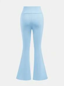 SHEIN Girlism 青少年女孩高腰紧身弹力休闲瑜伽紧身裤，带口袋和手机支架，喇叭裤，适合居家和户外穿着 - 淺藍色 - 查看 2