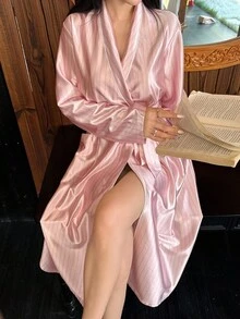 DAZY 女式亮面条纹缎带束带长袍，秋季睡衣 - 粉色 - 查看 6