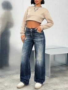 EURMUSE Quần jean ống đứng cạp trễ họa tiết giặt - Rửa tối - Xem 2