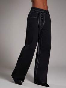 NYA SZN Pantalón vaquero de tiro alto, pierna recta, con bolsillos cargo, banda cruzada, técnico, casual de uso diario, vintage, streetwear, Y2K, grunge, para salir de noche, otoño, verano, adecuado para ir al trabajo, declaración, festival, Día del Rey, para mujeres - Negro - Ver 5