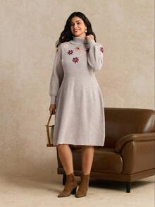 SHEIN LUNE Plus Size Floral Embroidered Turtleneck Lantern Sleeve Knit Midi Dress, Elegant & Slimming, Autumn/Winter - Camel - View 4