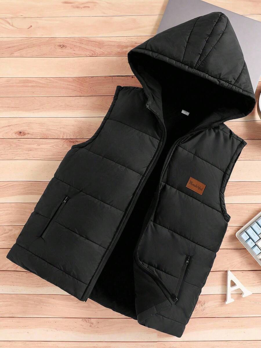 Boys Casual Hooded Cotton Padded Vest, Suitable For Daily Leisure And Winter Outings Fall - Black - View 1