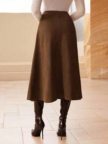 Modelyn Fall Solid Color Faux Suede Flared Elegant Long Skirt For Women, Western Elegant Long Brown Skirt