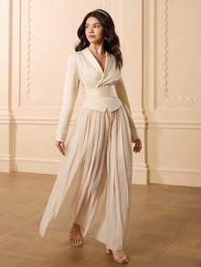 Teenager Solid Color Turndown Collar Long Sleeve Shirt Top + Pleated Waist Pants Halloween Christmas Outfit - Apricot - View 6