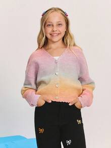 SHEIN Tween Girl Casual Tie Dye Tie-Dye Knit Cardigan Rainbow Cardigan Kids Sweaters For Girls Cardigans,In Fall/Winter - Multicolor - View 3