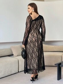 Modelyn 优雅大码女式蕾丝束腰连衣裙 - 黑色 - 查看 2