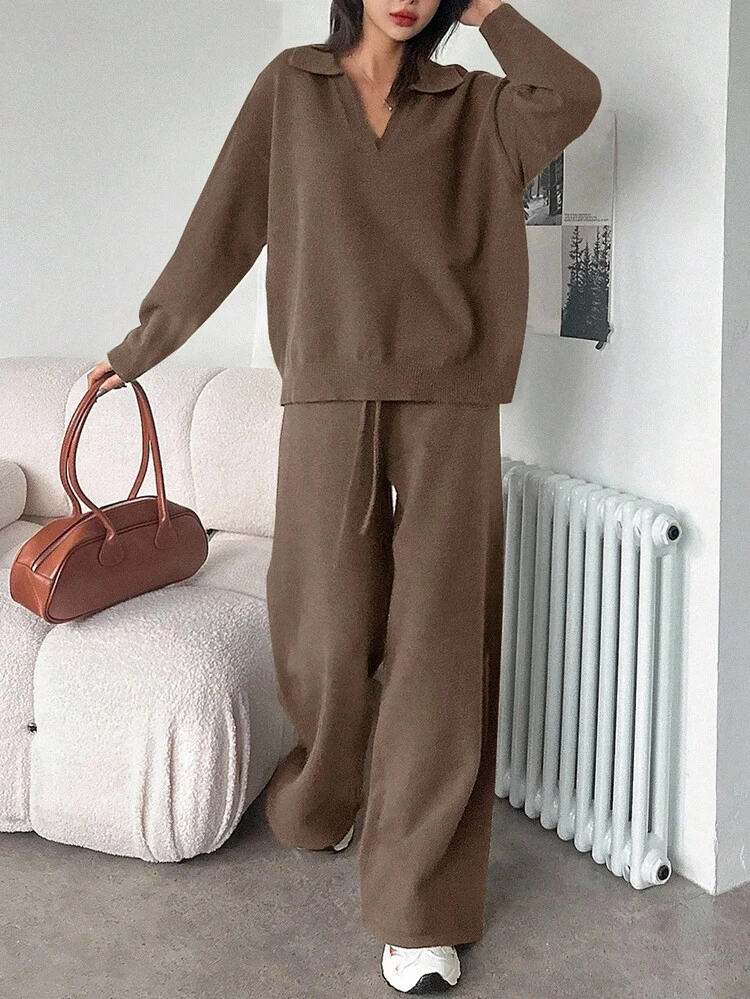 Women's Casual Solid Color Turndown Collar Loose Sweater And Wide Leg Pants 2 Pieces Set, Autumn