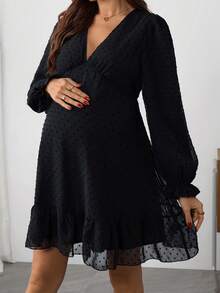 Momance 孕妇深V领荷叶边下摆长袖连衣裙 - 黑色 - 查看 1