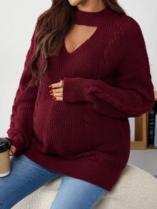 SHEIN 孕妇休闲扭纹V领落肩长袖毛衣，秋冬