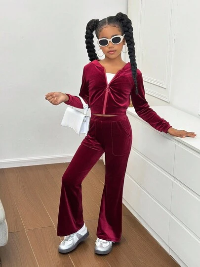 SHEIN 青少年女孩天鹅绒连帽衫和运动裤套装，休闲运动服