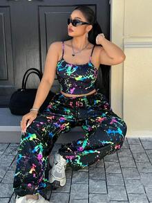 Muchica Women's Plus Size Ink Splatter Print Cami Top And Jogger Pants Set - Multicolor - View 3
