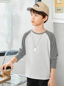 SHEIN 男童休闲圆领拼色袖针织T恤 - 淺灰色 - 查看 5