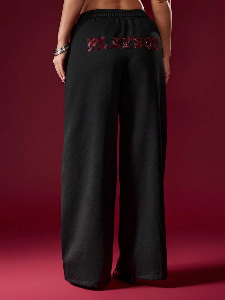 Missguided x Playboy Wide Leg French Terry Joggers With Rhinestone Detail
