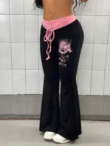 StreetHx 女式拼色图案印花喇叭裤朋克风