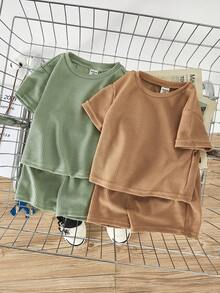 Loomiva Baby Boy 4pcs/Set Solid Color Short Sleeve Pullover Top And Casual Shorts - Multicolor - View 2