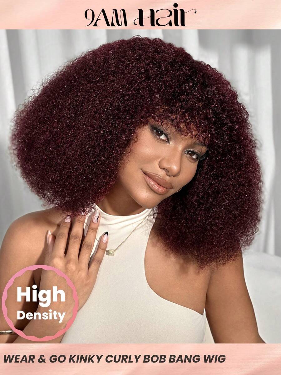 Density Pro 非洲卷发鲍勃假发，带刘海，Cioly 卷发假发，真人发质，酒红色 99J 蓬松卷发鲍勃假发，无胶假发，可穿戴，自然黑色，万圣节服装，红色假发 - S99JC - 查看 1