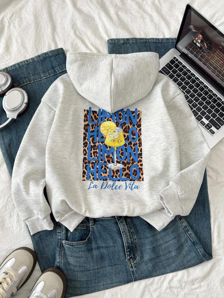 SHEIN 青少年女童连帽运动衫，时尚百搭，适合儿童休闲装、返校装、典礼装、日常装、学校装、旅行装、运动装、秋冬装 - 淺灰色 - 查看 1